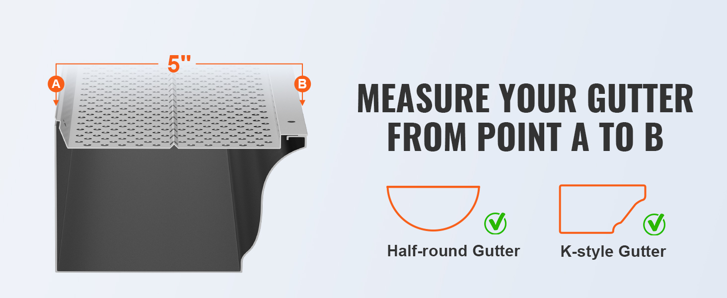 VEVOR gutter guard measurement instructions for half-round and k-style gutters, 5 inches wide.