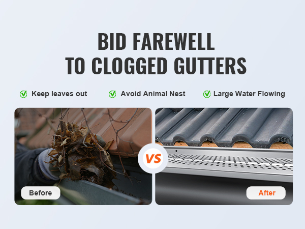 before and after comparison of gutter with VEVOR gutter guard, highlighting leaf and animal nest prevention.