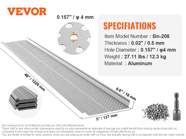 VEVOR gutter guard, model 5in-208, aluminum, 0.02" thickness, 0.157" hole diameter, 48" length.