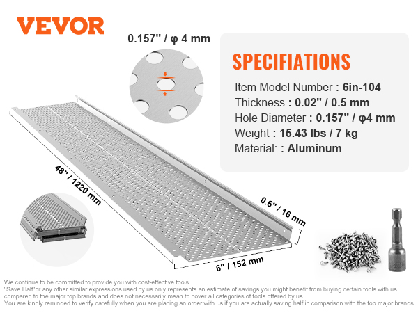 VEVOR gutter guard, aluminum, 6in-104 model, 0.02" thickness, 0.157" hole diameter, 48" length.