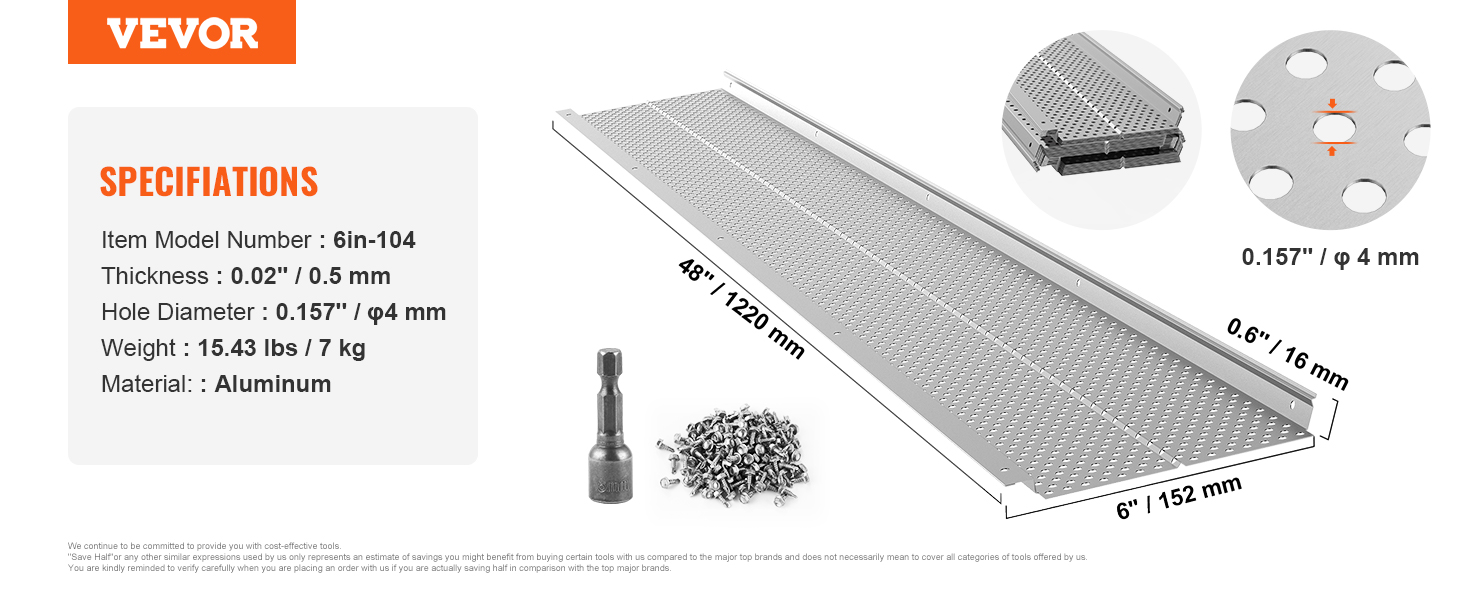 VEVOR gutter guard, aluminum, 6in-104 model, 0.02" thickness, 0.157" hole diameter, 48" length.