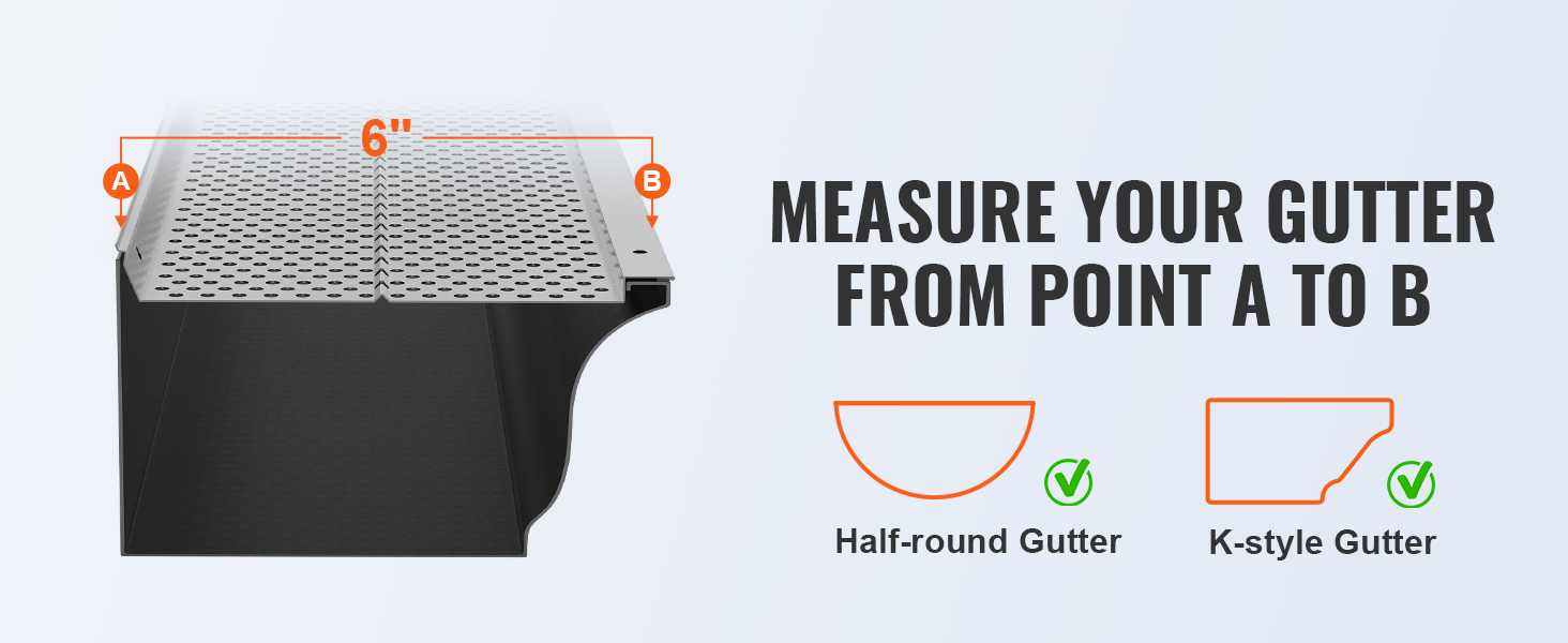 measure your gutter from point a to b for VEVOR gutter guard. fits half-round and k-style gutters.