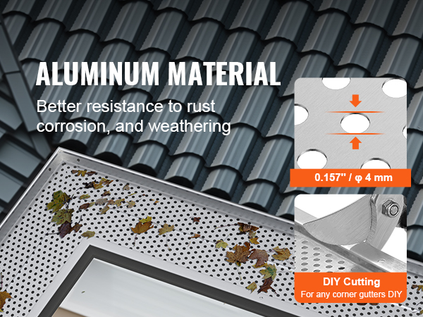 aluminum VEVOR gutter guard with leaf debris, showcasing diy cutting and 0.157" hole diameter.
