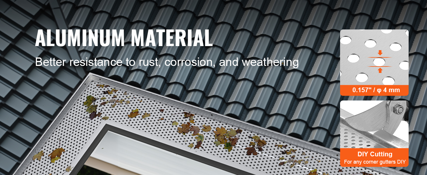 aluminum VEVOR gutter guard with leaf debris, showcasing diy cutting and 0.157" hole diameter.