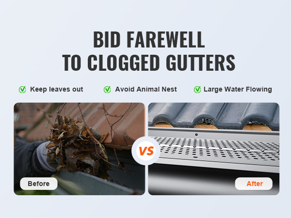 VEVOR gutter guard: before with leaves blocked, vs after with clean gutters and flowing water.