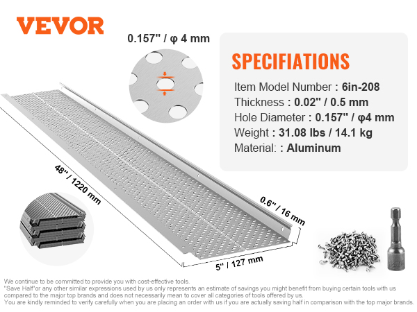 VEVOR gutter guard with 6in-208 model, 0.5mm aluminum, 4mm hole diameter, 48in length, screws included.