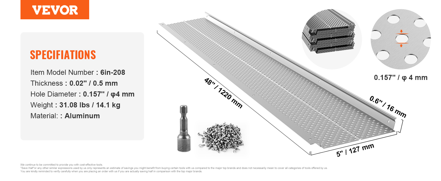 VEVOR gutter guard with 6in-208 model, 0.5mm aluminum, 4mm hole diameter, 48in length, screws included.