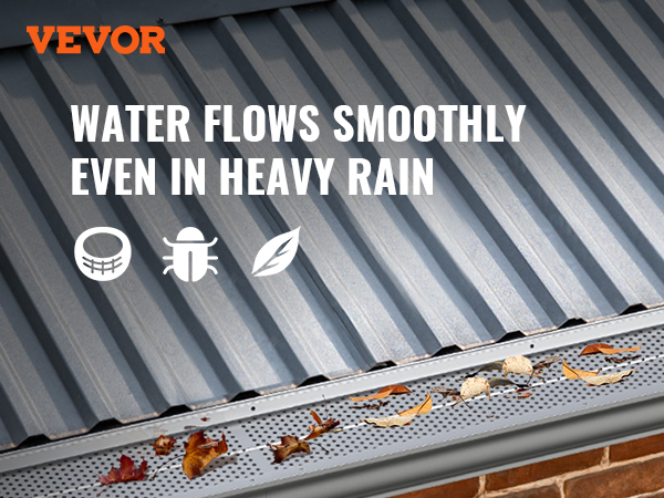 VEVOR gutter guard on a metal roof with fallen leaves and water flowing smoothly in heavy rain.
