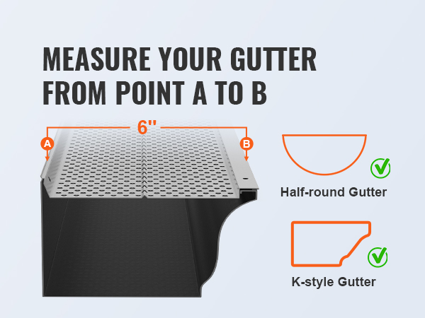 VEVOR gutter guard measurement guide showing a 6" width for half-round and k-style gutters.