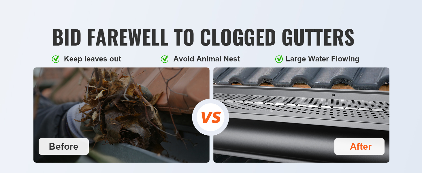VEVOR gutter guard comparison: before with leaves clogging, after with clear flowing gutters.
