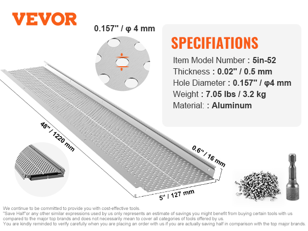 VEVOR notekcauruļu aizsargs, modelis 5in-52, 48 "x5", alumīnija, 0,02" biezs ar 0,157" caurumiem, ar skrūvēm.