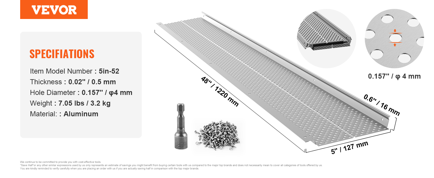 VEVOR notekcauruļu aizsargs, modelis 5in-52, 48 "x5", alumīnija, 0,02" biezs ar 0,157" caurumiem, ar skrūvēm.