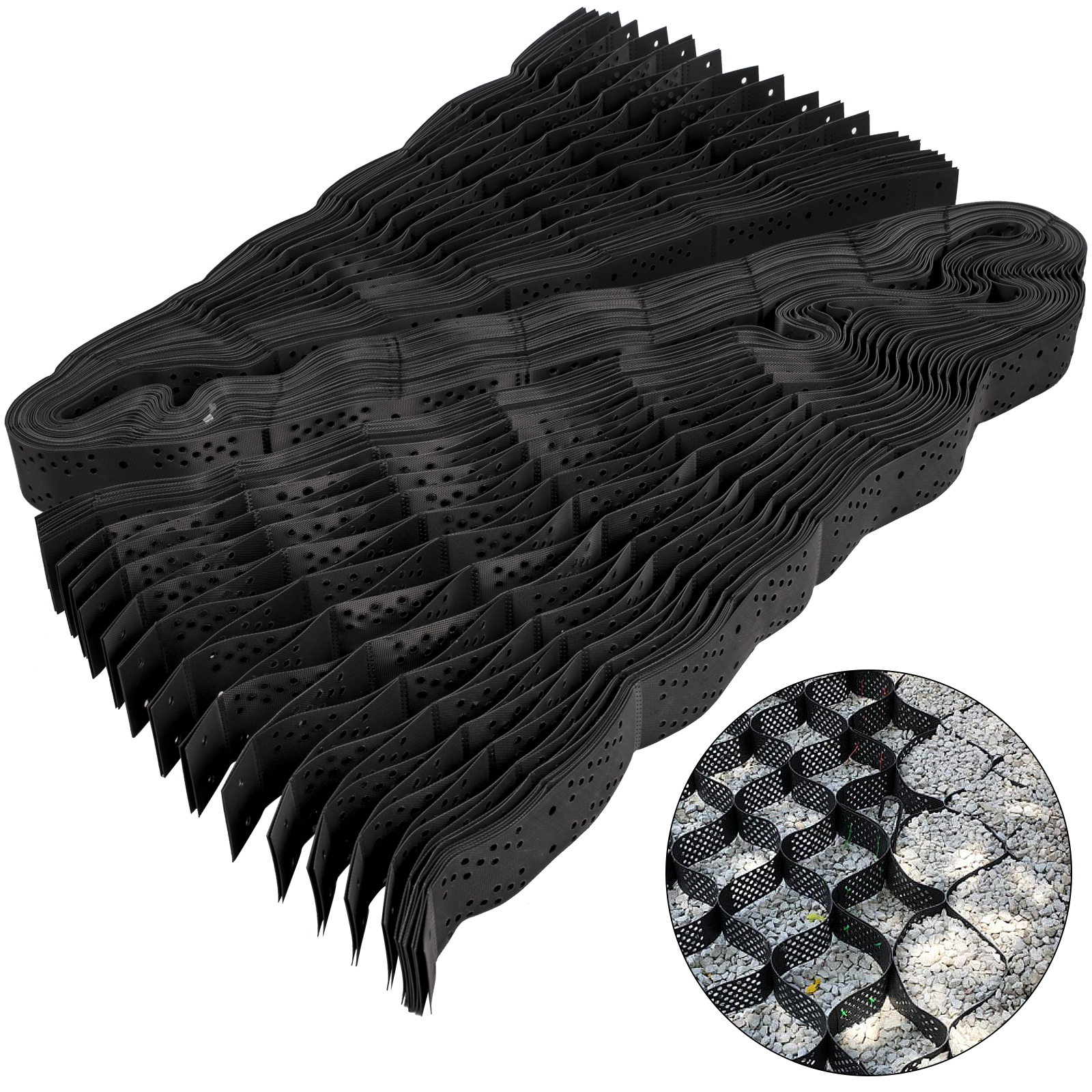 VEVOR geo grid ground stabilization black hdpe grid structure with gravel-filled cells.