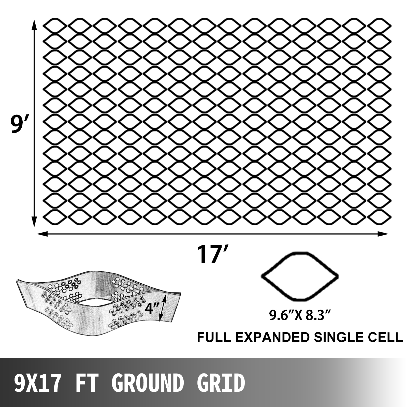 9x17 ft VEVOR geo grid ground stabilization with 4" depth and 9.6"x8.3" cell size.