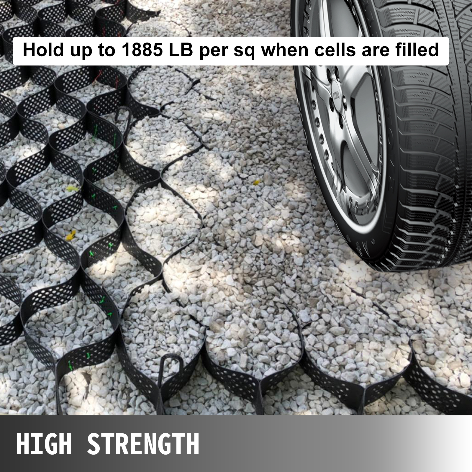 VEVOR geo grid ground stabilization filled with gravel, high strength, supporting a tire.