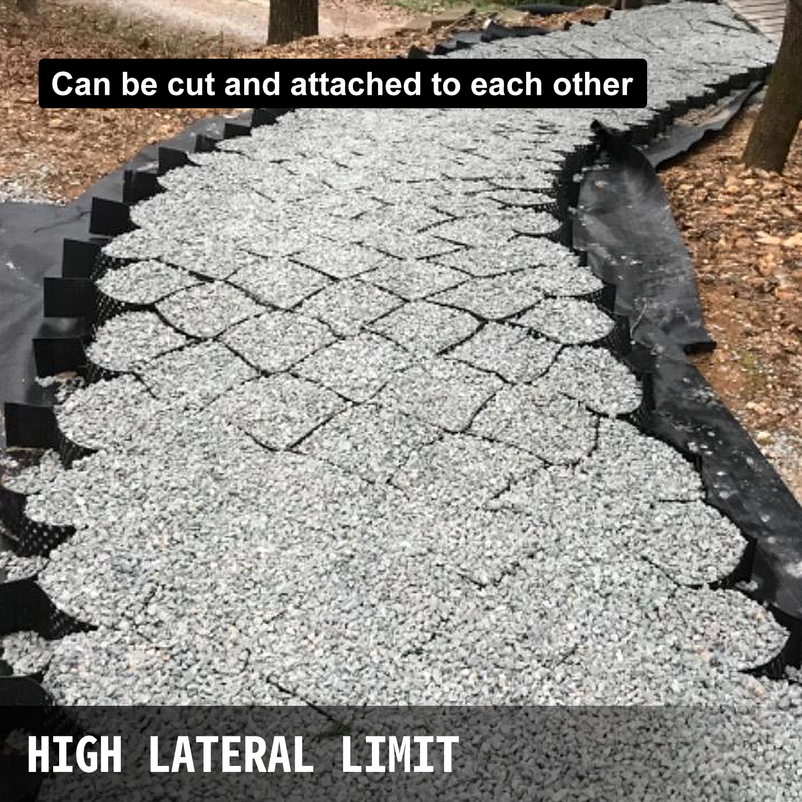 VEVOR geo grid ground stabilization filled with gravel, creating a stabilized path.