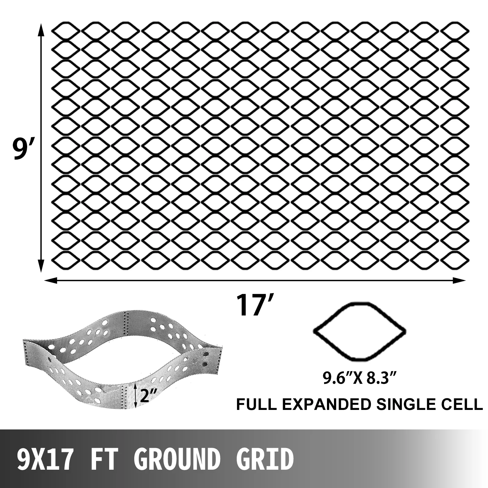 VEVOR geo grid 9x17 ft ground grid layout with full expanded single cell dimensions.