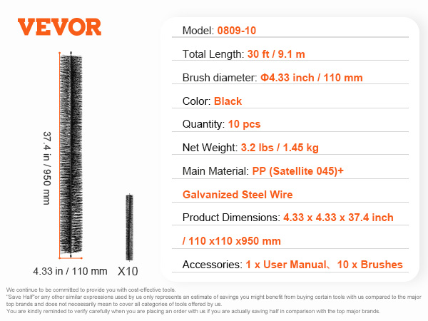 VEVOR gutter brush, 30 ft total length, black, brush diameter 4.33 in, 10 pcs set with user manual.