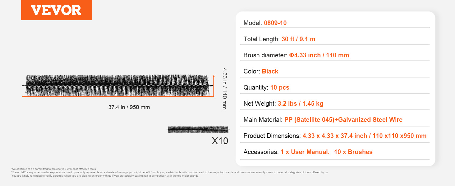 VEVOR gutter brush, 30 ft total length, black, brush diameter 4.33 in, 10 pcs set with user manual.