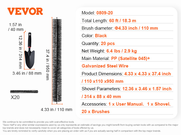 VEVOR gutter brush kit with 20 black brushes, 60ft total length, and a shovel included.