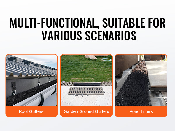 VEVOR gutter brush in roof gutters, garden ground gutters, and pond filters for versatile applications.