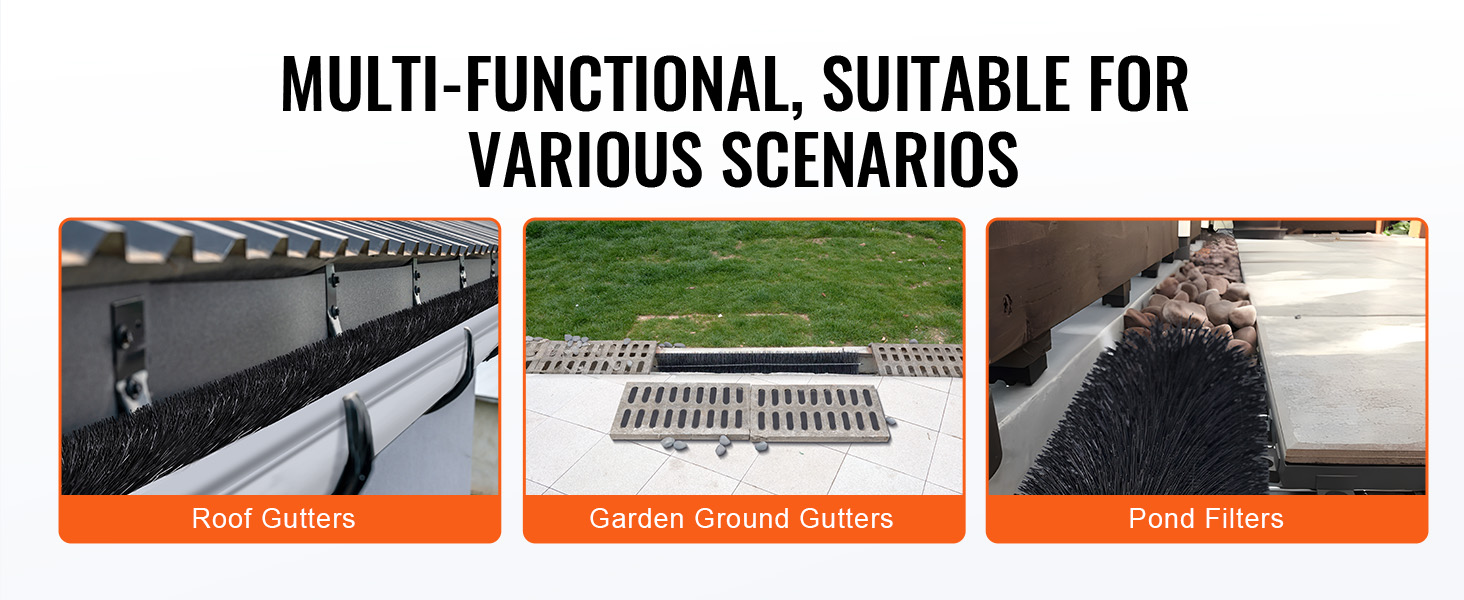 VEVOR gutter brush in roof gutters, garden ground gutters, and pond filters for versatile applications.