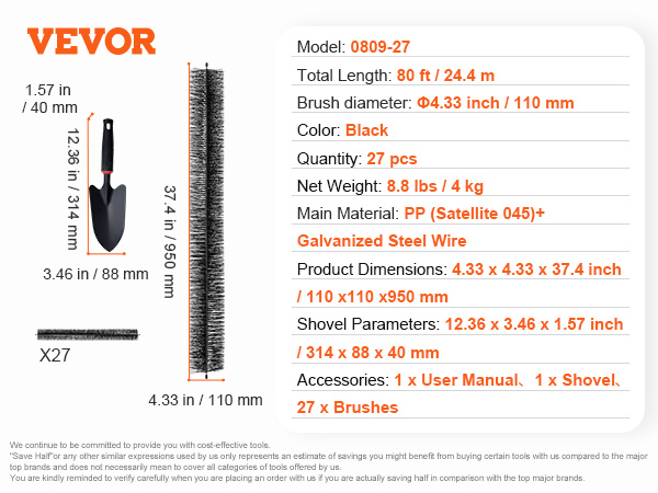 VEVOR gutter brush, 80 ft length, 4.33-inch diameter, black color, includes 27 brushes and a shovel.