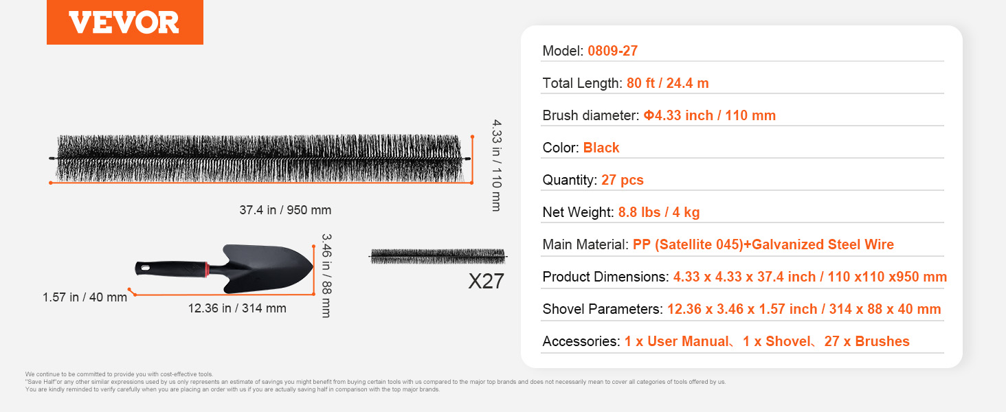 VEVOR gutter brush, 80 ft length, 4.33-inch diameter, black color, includes 27 brushes and a shovel.
