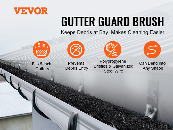 VEVOR gutter brush fits 5-inch gutters, prevents debris entry, polypropylene bristles, bendable.