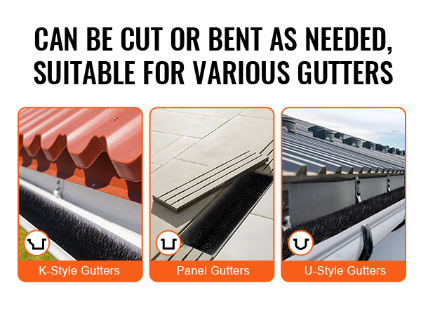 VEVOR gutter brush for k-style, panel, and u-style gutters; flexible, customizable fit.