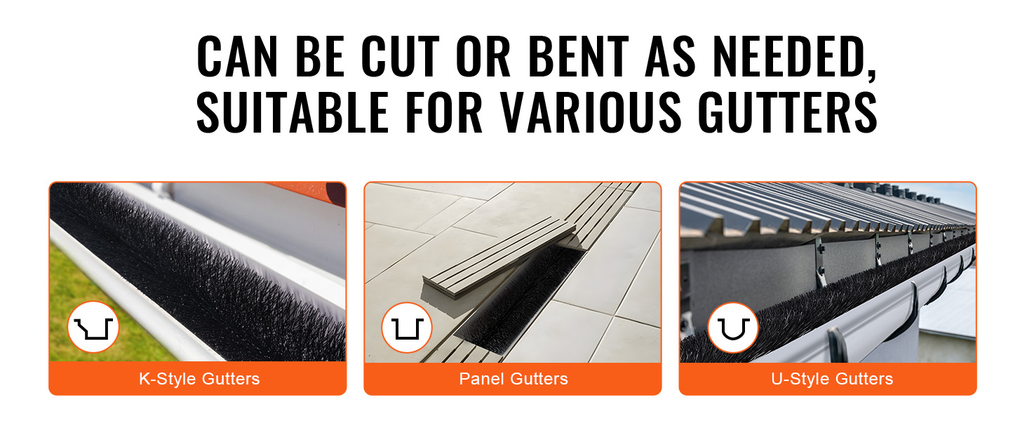 VEVOR gutter brush for k-style, panel, and u-style gutters; flexible, customizable fit.
