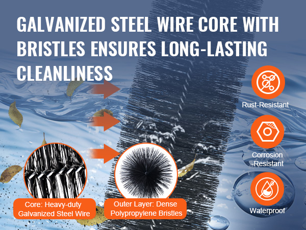 galvanized steel wire core with polypropylene bristles for rust-resistant, corrosion-resistant, and waterproof VEVOR gutter brush.