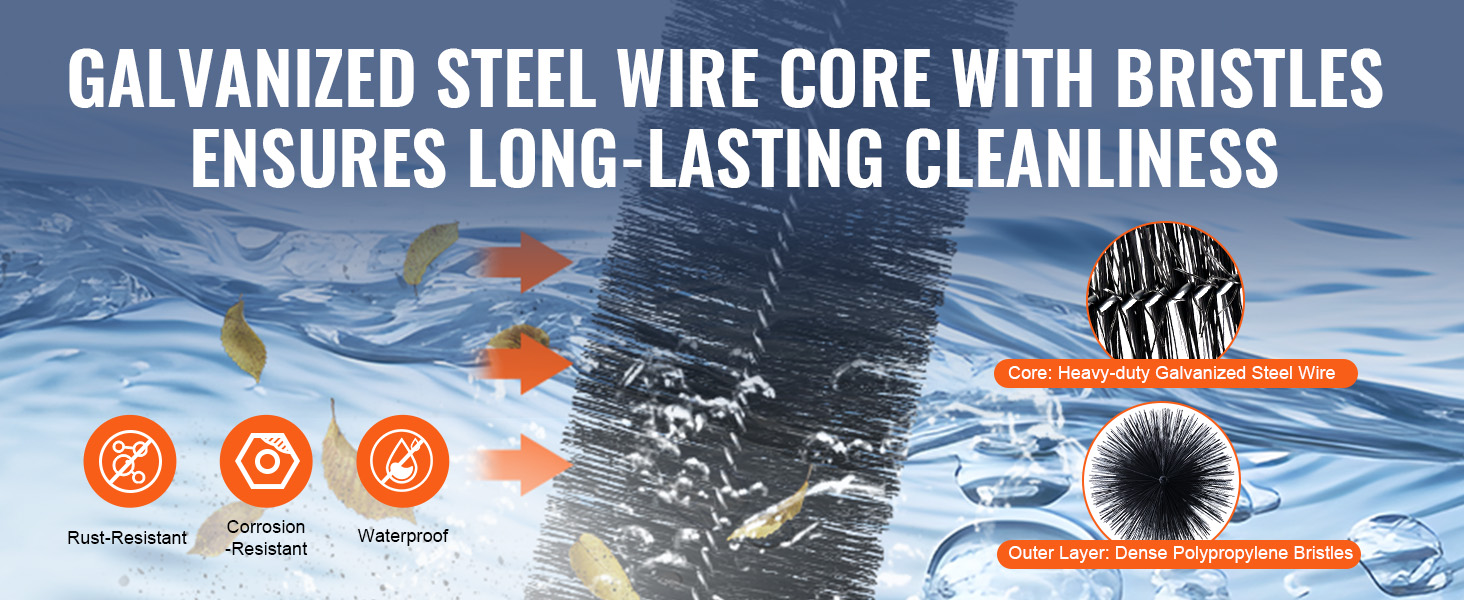 galvanized steel wire core with polypropylene bristles for rust-resistant, corrosion-resistant, and waterproof VEVOR gutter brush.