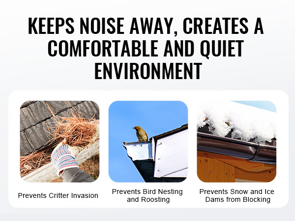 VEVOR gutter brush benefits: prevents critter invasion, bird nesting, and snow blocking for a quiet home.