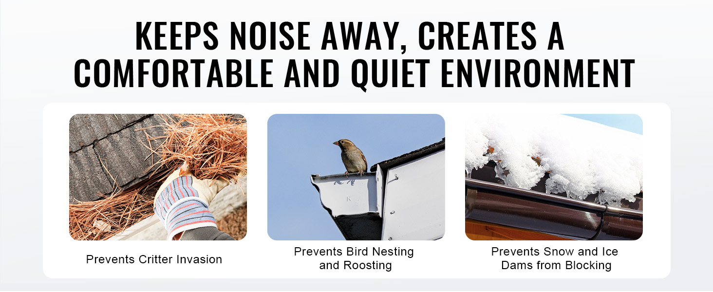 VEVOR gutter brush benefits: prevents critter invasion, bird nesting, and snow blocking for a quiet home.