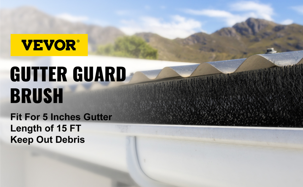 VEVOR gutter guard brush 5-inch, 15-ft length, keeps out debris.
