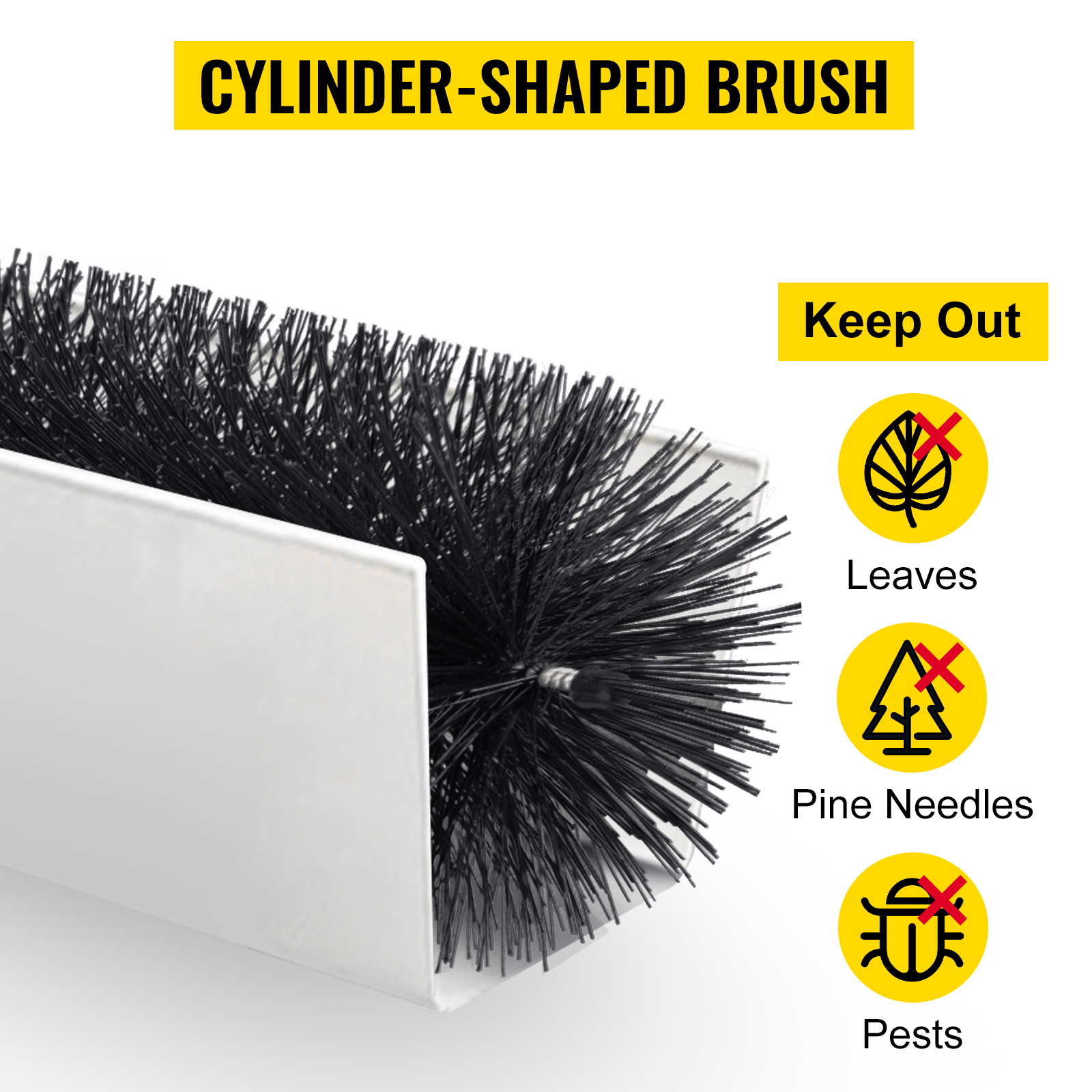 VEVOR gutter guard brush keeps out leaves, pine needles, and pests with a cylinder shape.