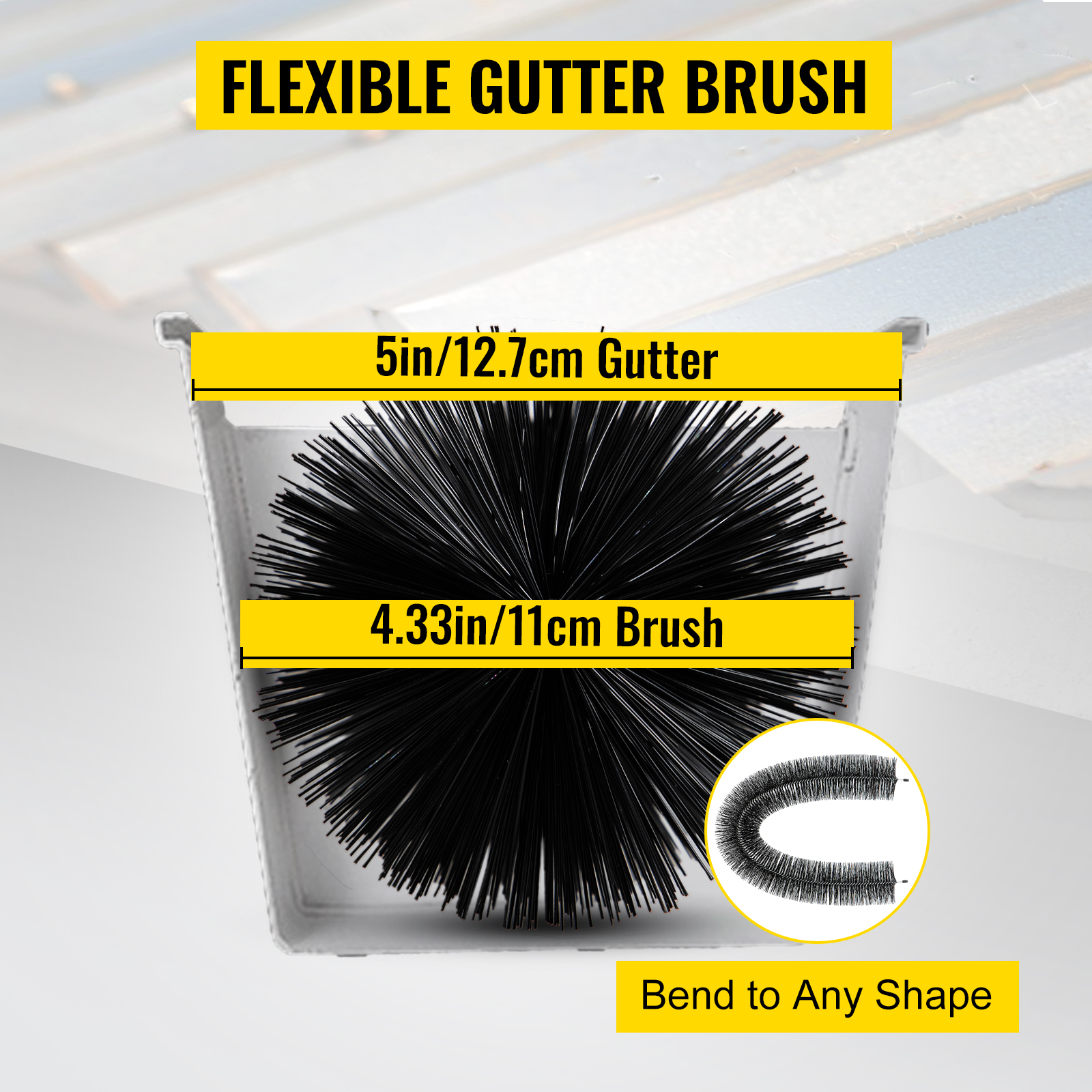 VEVOR gutter guard brush, flexible 5in gutter, 4.33in brush, bend to any shape.