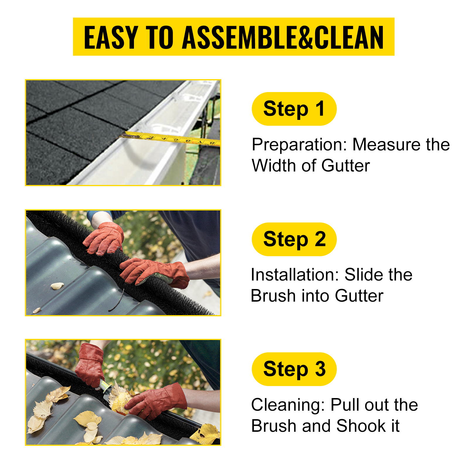 installation guide: measure, insert, and clean VEVOR gutter guard brush easily.