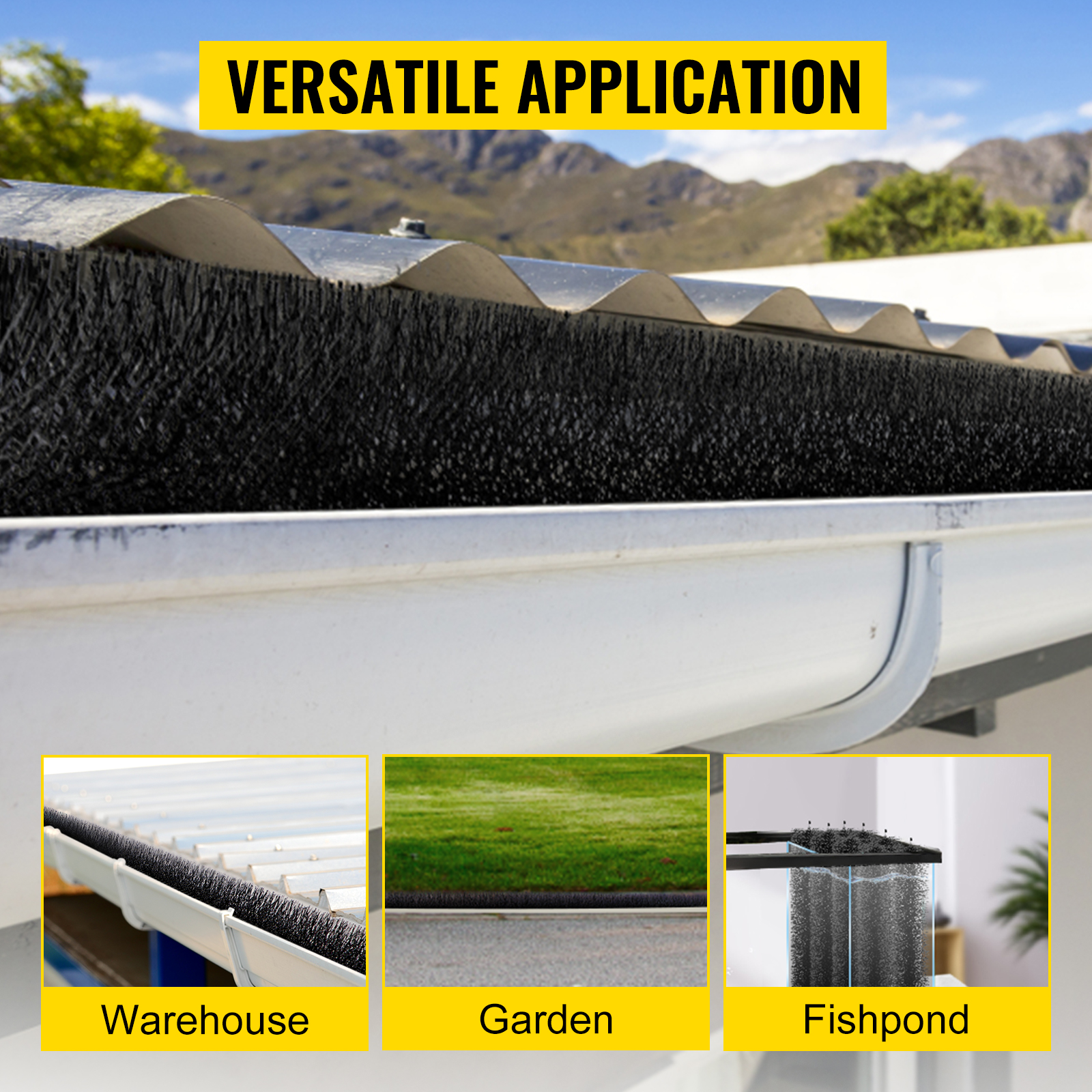 VEVOR gutter guard brush installed on a roof with versatile applications for garden, warehouse, and fishpond.