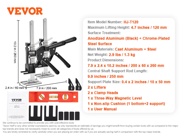 VEVOR labor saving arm jack hj-t120 with aluminum and steel construction, 4.7" lift height, accessories.