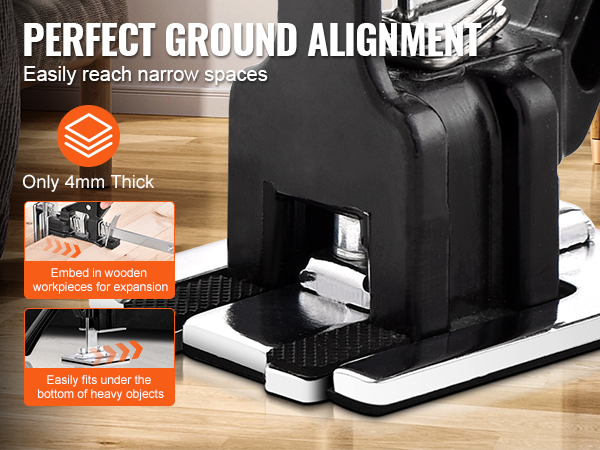 VEVOR labor saving arm jack demonstrating perfect ground alignment for narrow spaces on a wooden floor.
