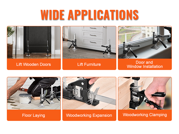 wide applications of VEVOR labor saving arm jack: lifting doors, furniture, floor laying, woodworking.