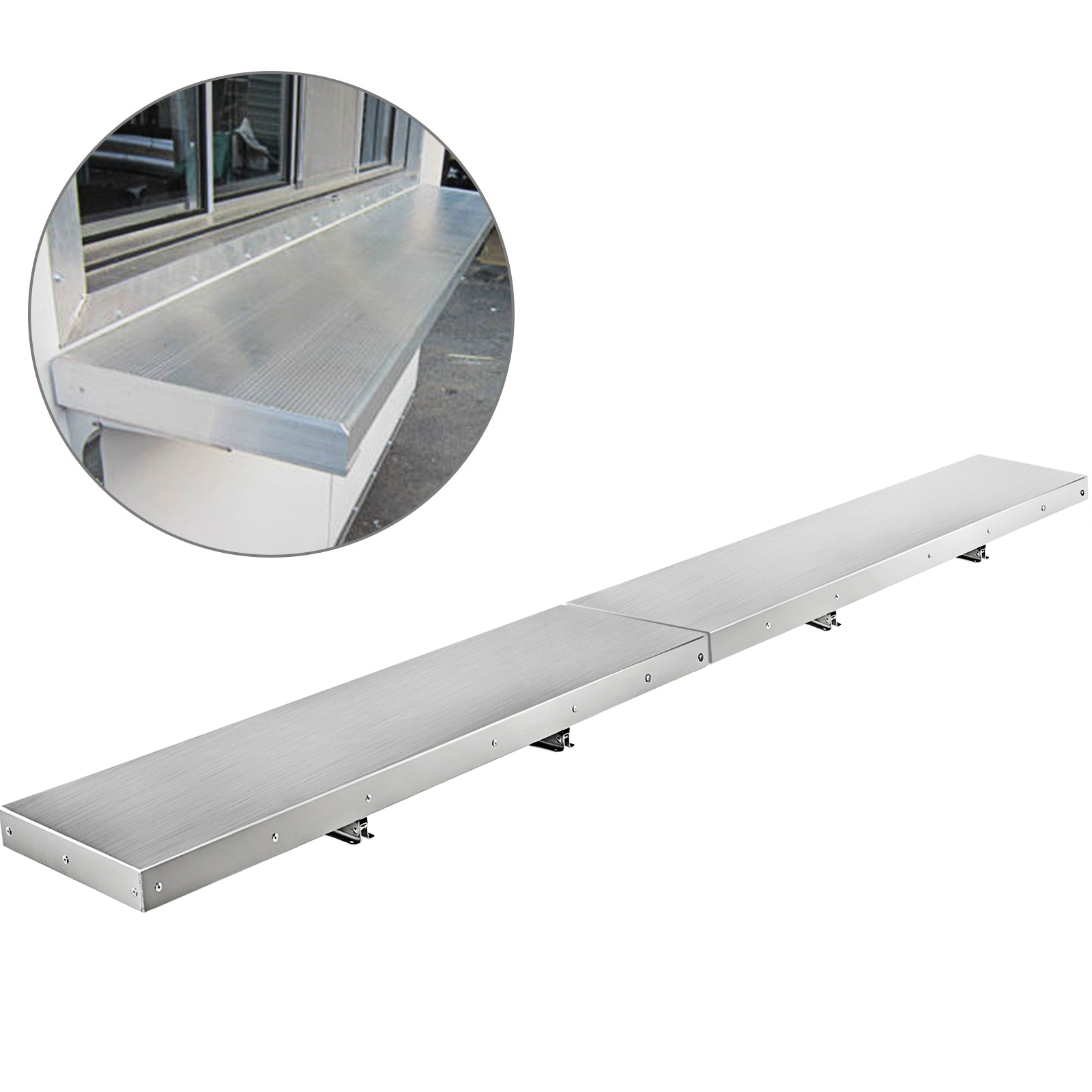 stainless steel VEVOR concession shelf with a close-up view of installation.