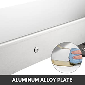 aluminum alloy plate on VEVOR concession shelf with close-up of hand cleaning it.