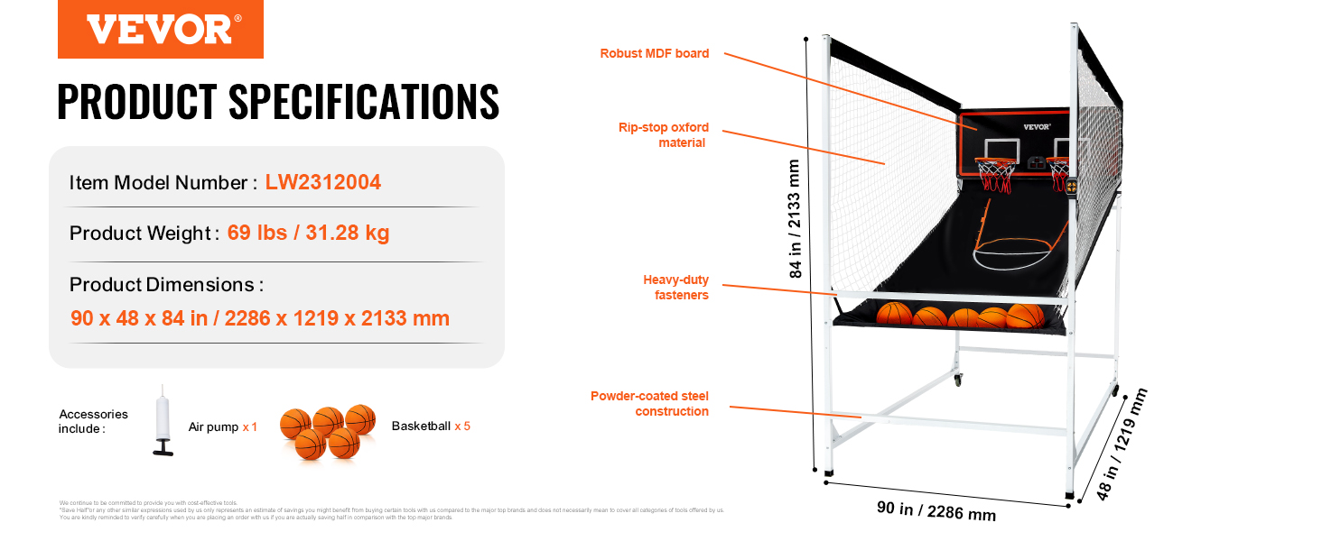 VEVOR arcade basketball game specifications: model lw2312004, 69 lbs, 90x48x84 in, includes air pump, 5 basketballs.