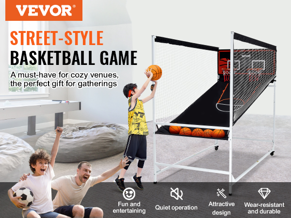 VEVOR arcade basketball game in cozy room, perfect for gatherings, kid shooting, adults watching.