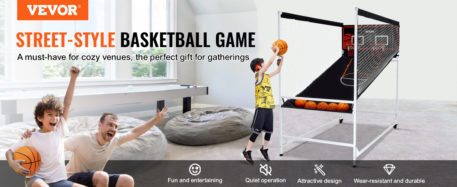 VEVOR arcade basketball game in cozy room, perfect for gatherings, kid shooting, adults watching.