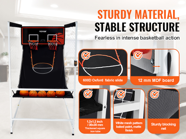 VEVOR arcade basketball game in a living room, showcasing sturdy materials and stable structure.