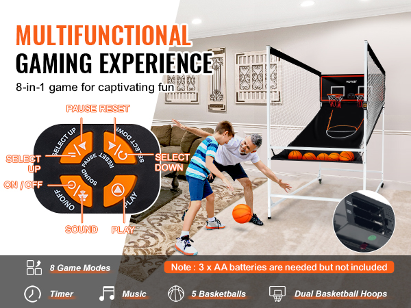 VEVOR arcade basketball game in a living room, featuring 8 game modes, timer, music, and dual hoops.